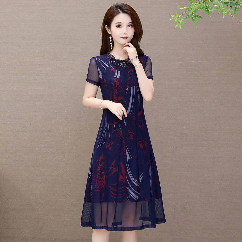 时尚气质印花弹力雪纺纱连衣裙2025夏新款大码宽松遮肚显瘦过膝裙