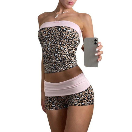 H 90252 Leopard Crop Top Set 豹纹抹胸短裤套装跨境外贸代