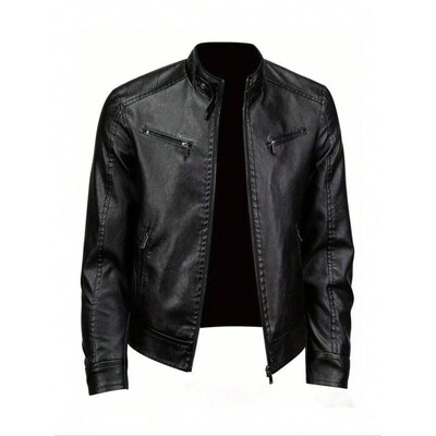Men's Solid Pocket Zipper PU Leather Jacket Coats Regular