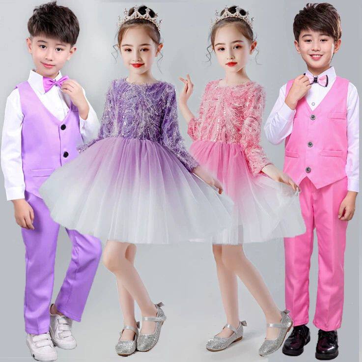 儿童演出服蓬蓬裙女童舞蹈长袖纱裙小学生合唱服诗歌朗诵表演服装