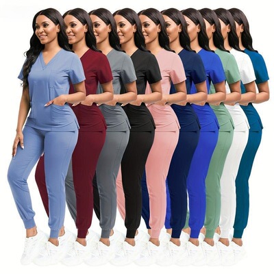 1 Set Womens Polyester Scrubs Fitted Nurse Uniform with
