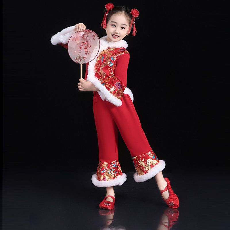 2024冬季新款儿童秧歌服女开门红演出服民族扇子舞红色喜庆打鼓服