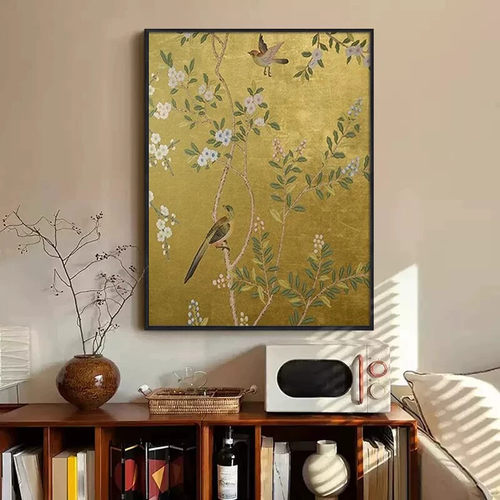 中古风喜上眉梢油画客厅装饰画花鸟图喜鹊金色入户门玄关挂画
