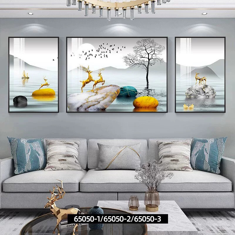 现代简约客厅墙壁三联挂画装饰画沙发背景壁画轻奢大气晶瓷镶钻画