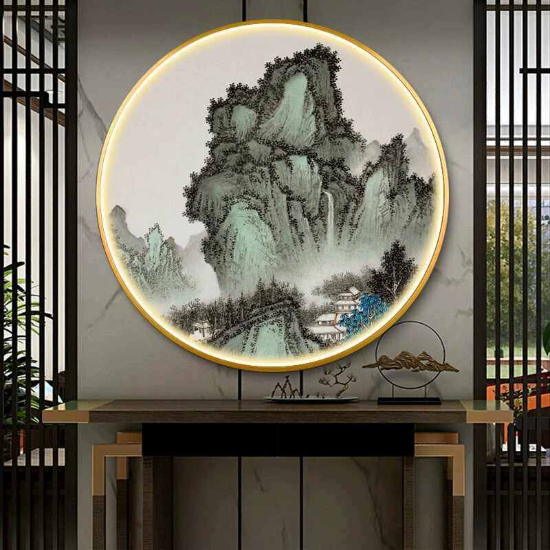 新中式入户玄关装饰画led带灯圆形山水画背景国画墙茶室客厅挂画