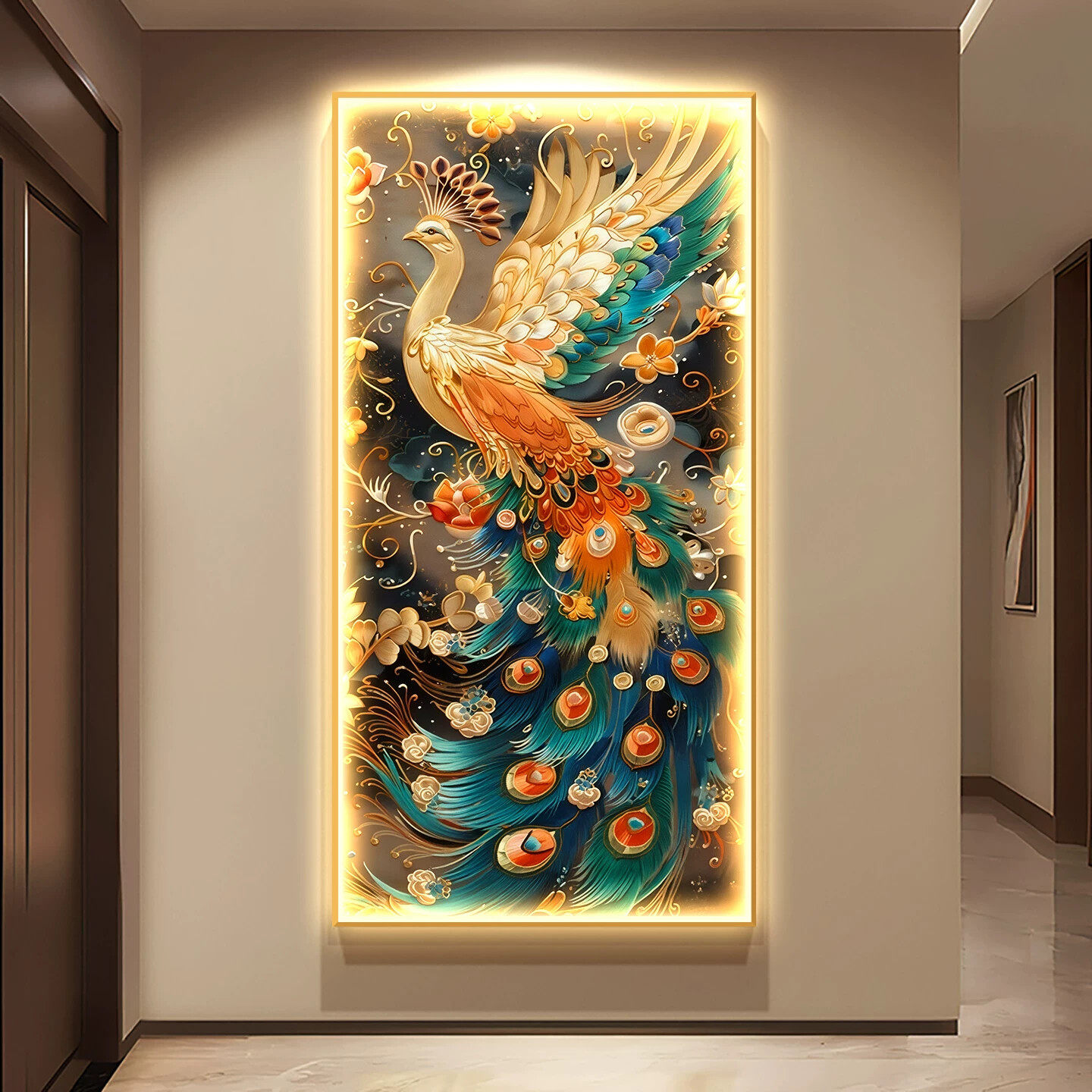 入户玄关装饰画孔雀带LED灯轻奢高级感浮雕立体挂画走廊过道壁画