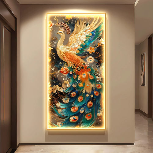 入户玄关装饰画孔雀带LED灯轻奢高级感浮雕立体挂画走廊过道壁画