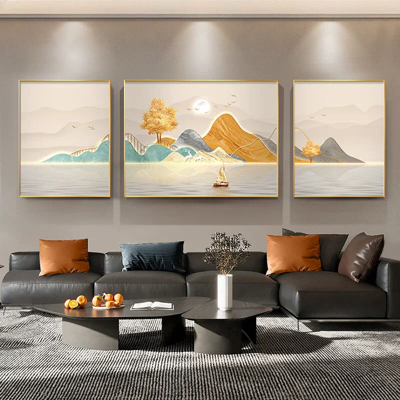 现代轻奢客厅装饰画简约山水画沙发背景墙挂画高级感三联壁画风景