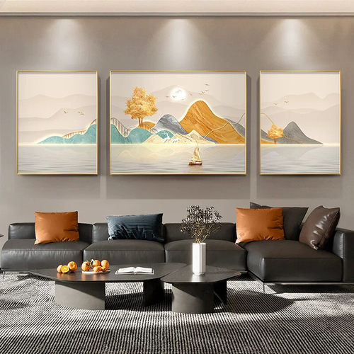 现代轻奢客厅装饰画简约山水画沙发背景墙挂画高级感三联壁画风景