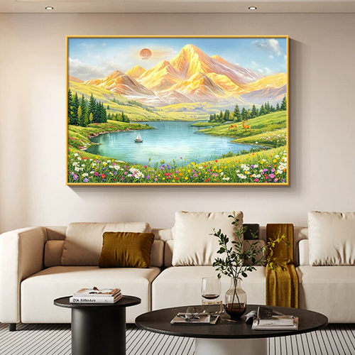 聚宝盆山水画客厅挂画背有靠山沙发背景墙装饰画流水生财风景壁画