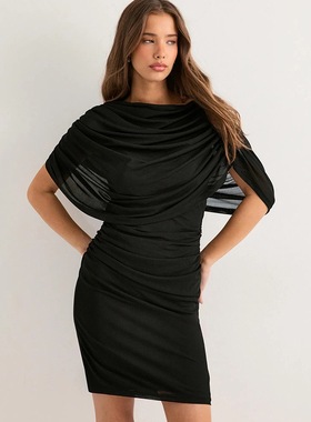 Elsa欧美女装时尚新款小众设计无袖缩褶收腰网纱辣妹包臀连衣裙女