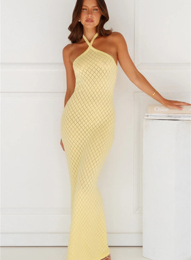 elsa2025新品欧美风纯色沙滩裙女性感针织挂脖系带包臀连衣裙女