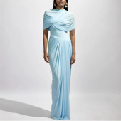 褶皱修身 elsa春夏新款 欧美风复古披肩式 一字肩裹身长连衣裙礼服裙