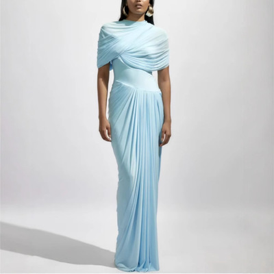 elsa春夏新款欧美风复古披肩式褶皱修身一字肩裹身长连衣裙礼服裙