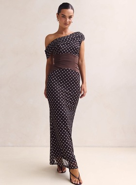 Elsa欧美ins新款斜领露肩波点连衣裙性感网纱透视露背长裙礼服女