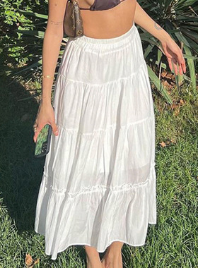 elsa文艺复古温柔白色拼接波西米亚长裙气质休闲辣妹显瘦半身裙女