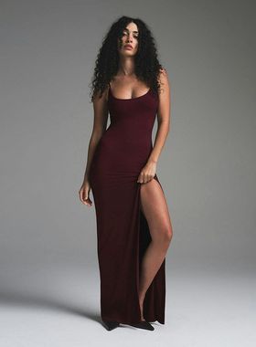 elsa欧美女装辣妹性感吊带纯色露背收腰高开叉包臀吊带连衣裙女