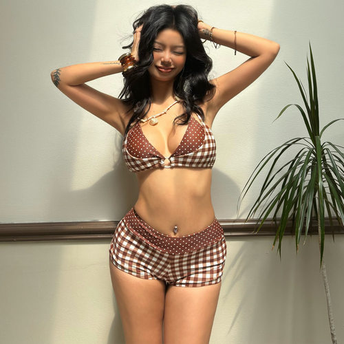 elsa欧美女装新款美式辣妹度假挂脖上衣复古格子休闲短裤套装泳衣