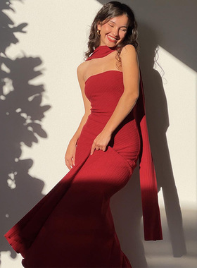 elsa欧美新款时尚气质一字肩围巾抹胸修身红色连衣裙长裙礼服女