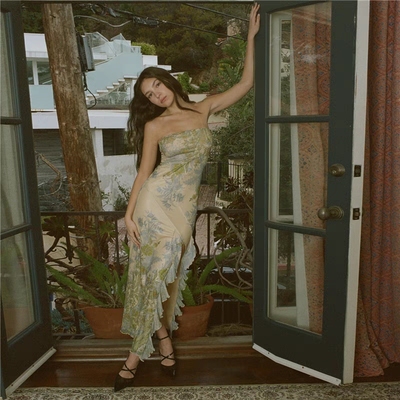 elsa新款欧美气质优雅风tiger mist复古印花修身抹胸连衣裙礼服女