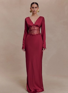 Elsa欧美新款优雅气质晚礼服长裙性感深V领蕾丝拼接长袖连衣裙女