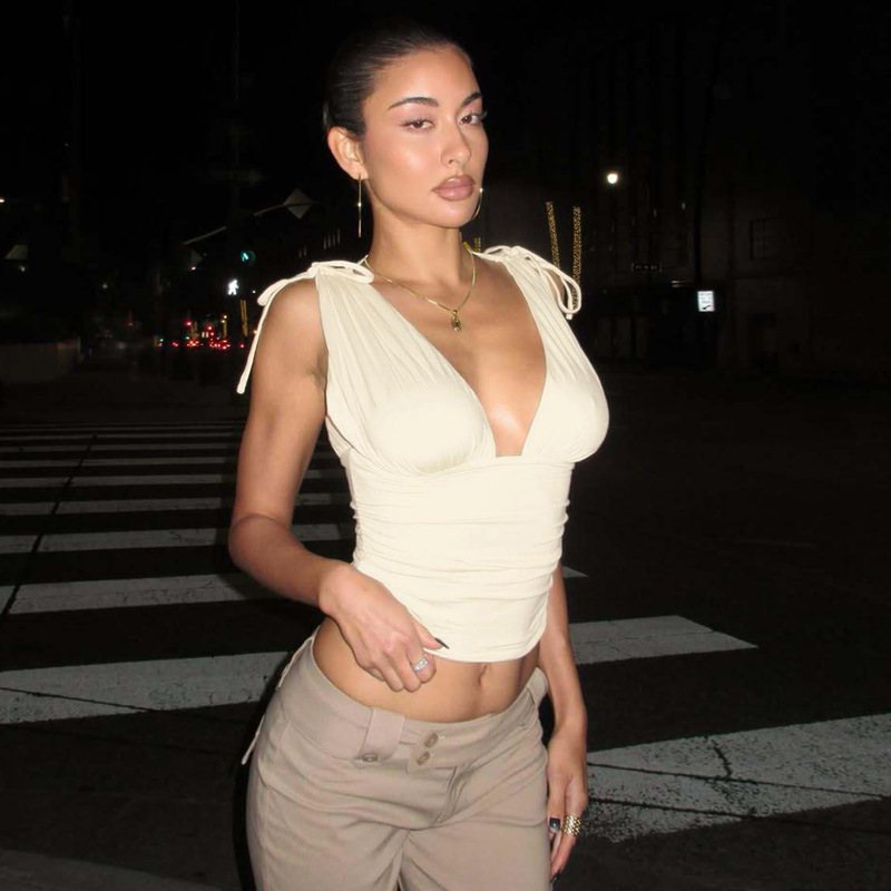 Elsa欧美ins辣妹风新款纯色性感深V裹胸褶皱拼接系带露脐显瘦上衣