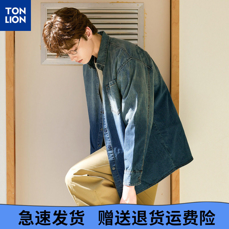 唐狮2026春季新款长袖衬衫男牛仔短外套美式复古男款设计感高级感