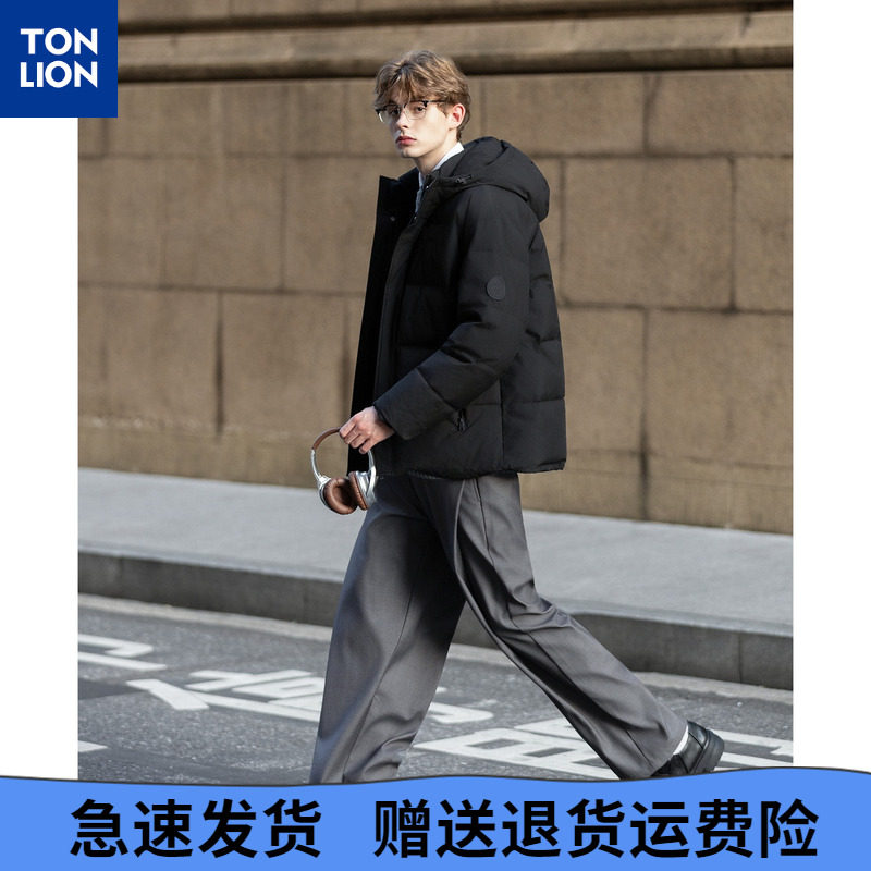 唐狮2025冬季短款羽绒服男生黑色连帽加厚保暖面包服时尚经典外套