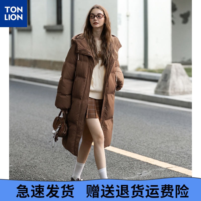 唐狮2025秋冬季女连帽长款羽绒服加厚保暖棕咖羽绒外套超好看时尚