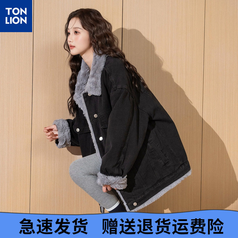 唐狮2025年新款加绒加厚牛仔外套女中长款设计感百搭流行潮酷上衣