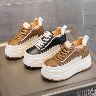 休闲松糕鞋 春款 女ins潮 女2025新款 真皮厚底小个子内增高9cm小白鞋