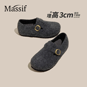 女2026新款 内增高单鞋 冬季 厚底灰色毛毛鞋 爆款 加绒毛呢全包勃肯鞋