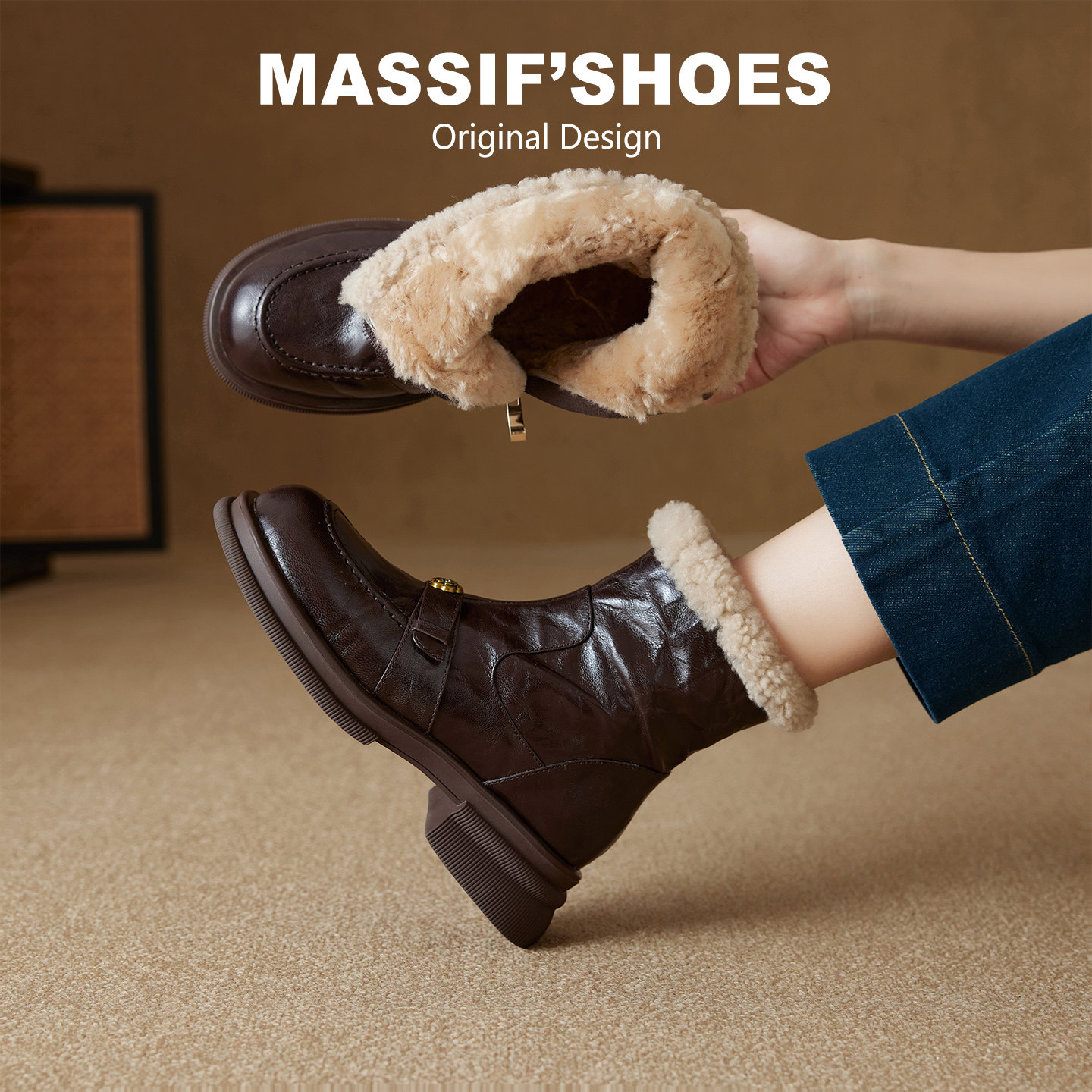 真皮加绒马丁靴女山茶花棕色短靴