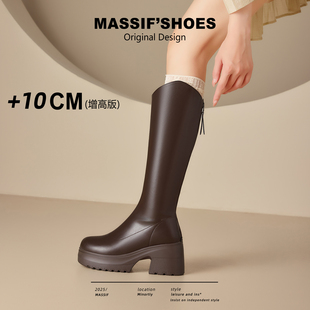 美拉德长筒靴女超火巨好看靴子棕色胖mm粗腿高跟大筒围加绒骑士靴