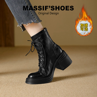 厚底马丁靴女2025秋冬新款 真皮超火英伦粗跟加绒弹力高跟黑色短靴