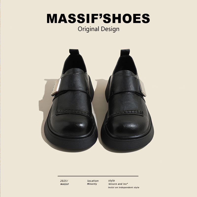 黑色小皮鞋女真皮超软厚底乐福鞋