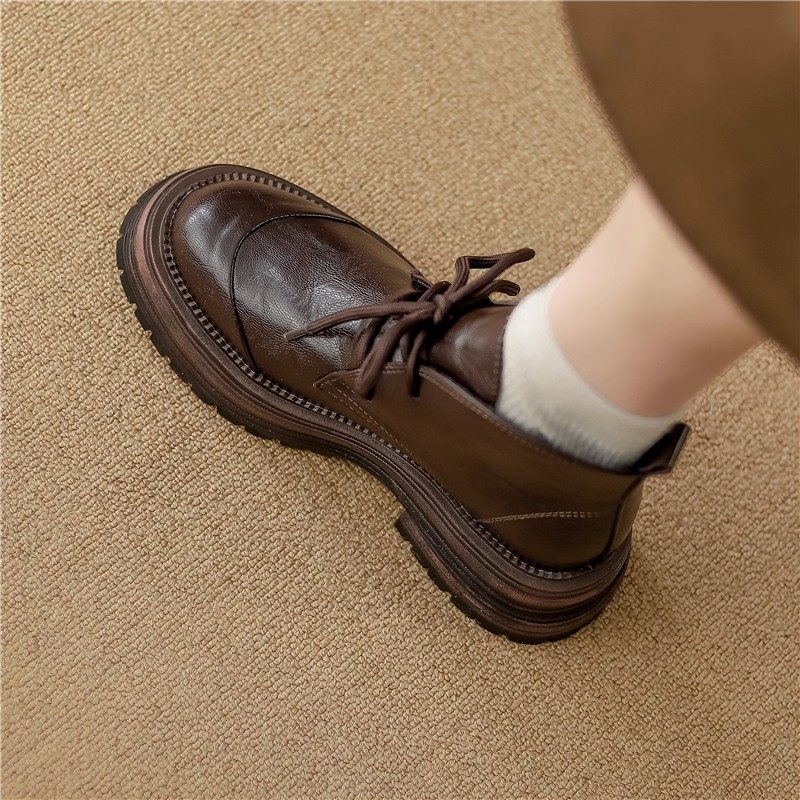 真皮厚底马丁靴女2026新款春秋加绒小个子棕色短靴英伦风复古单靴