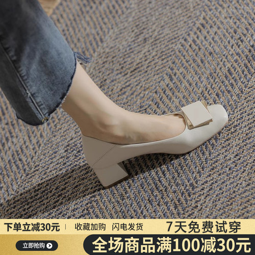 软底奶奶浅口妈妈鞋法式高跟单鞋