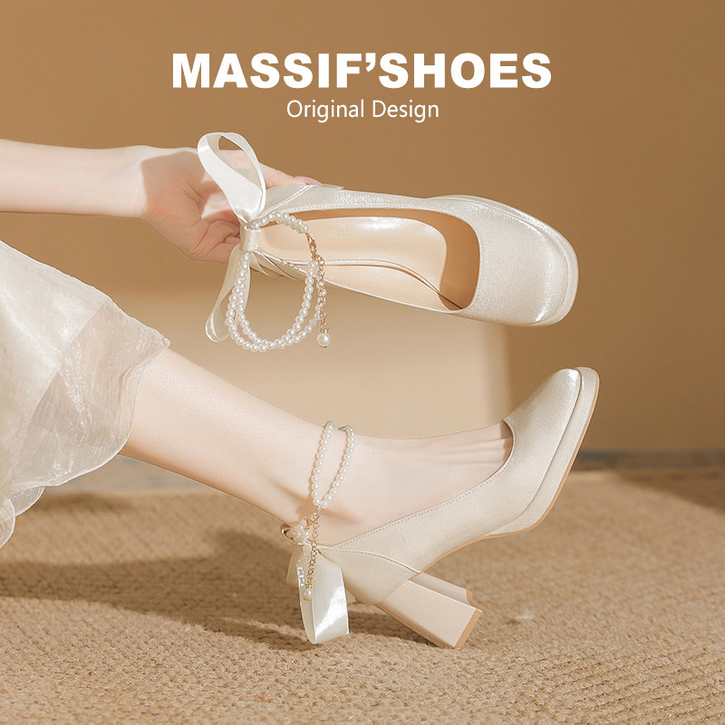 法式厚底高跟鞋女小个子单鞋婚鞋新娘伴娘粗跟不累脚白色玛丽珍鞋,女鞋,浅口单鞋,淘宝优惠券,粉丝福利购,淘宝优惠卷