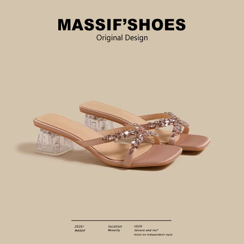 水晶拖鞋女夏季外穿中跟法式粗跟凉鞋百搭配裙子不累脚懒人穆勒鞋