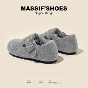 厚底加绒勃肯鞋女2026冬新款全包保暖毛毛棉鞋灰色博肯单鞋雪地靴