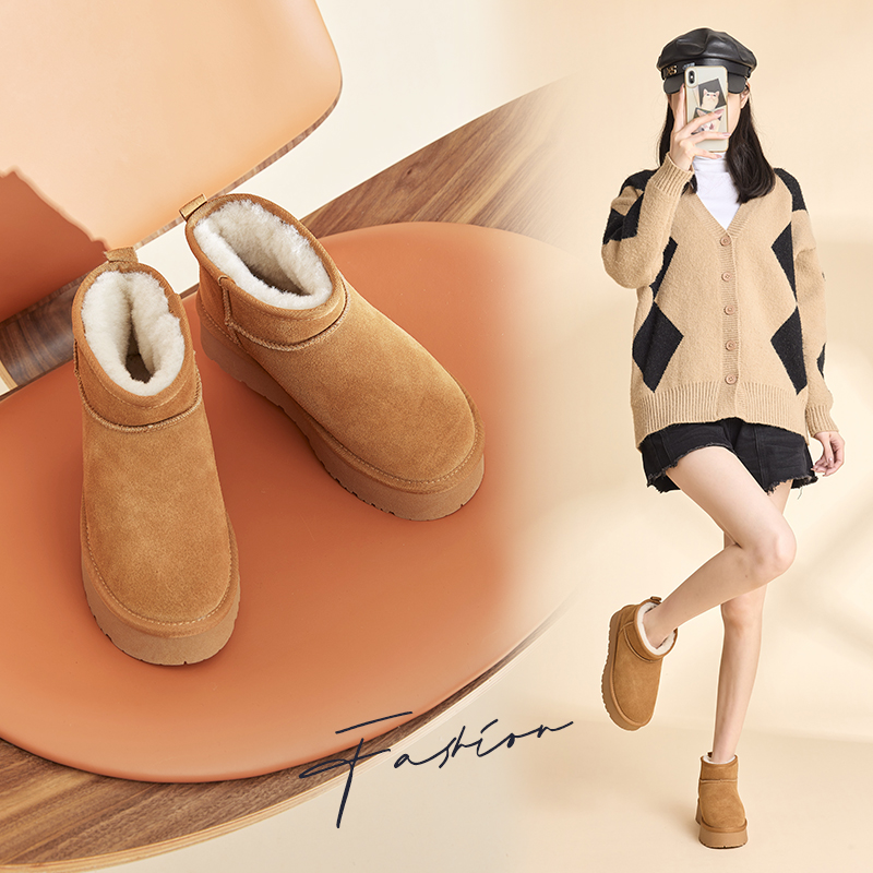 雪地靴皮毛一体厚底短靴加绒加厚