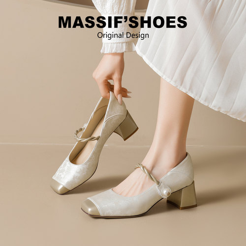 小香风一字带粗跟玛丽珍高跟鞋