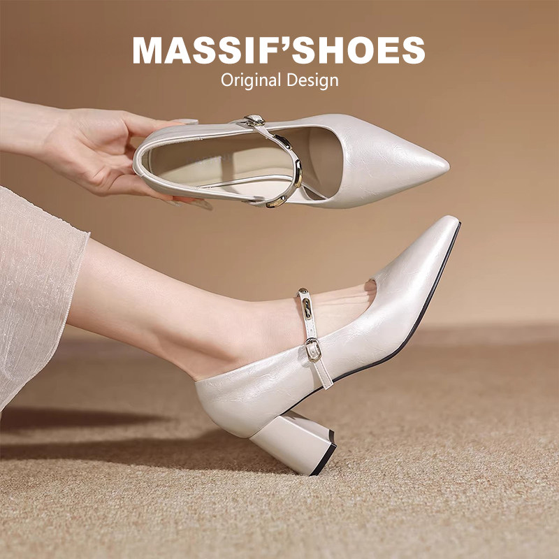 法式尖头高跟单鞋女气质软底温柔晚晚风复古绝美粗跟白色玛丽珍鞋