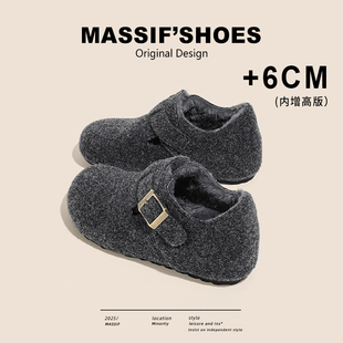 6cm内增高毛呢全包加绒勃肯鞋女外穿冬季厚底雪地东北棉鞋毛毛鞋