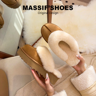 桑坡羊皮毛一体厚底毛毛半拖鞋 雪地靴子 女外穿2025冬保暖加绒棉鞋