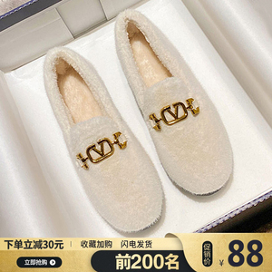 毛毛鞋女秋冬外穿2023年新款网红搭扣深口毛绒单鞋加绒毛毛鞋单鞋