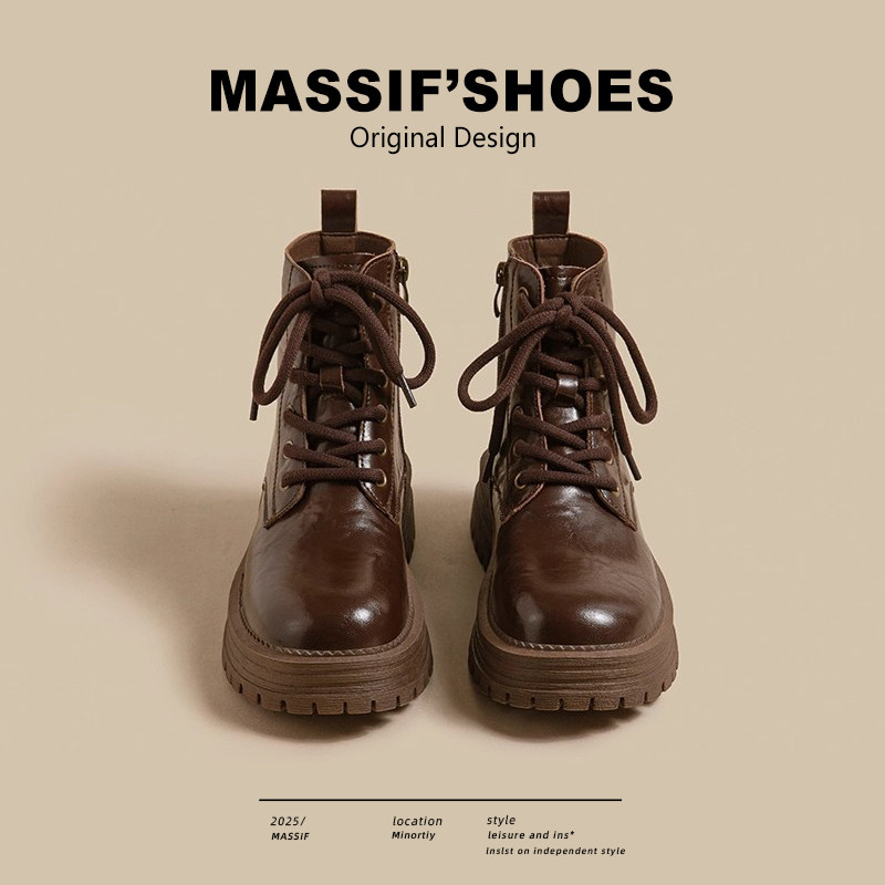 英伦风马丁靴女2026新款春真皮棕色短靴加绒复古内增高百搭机车靴