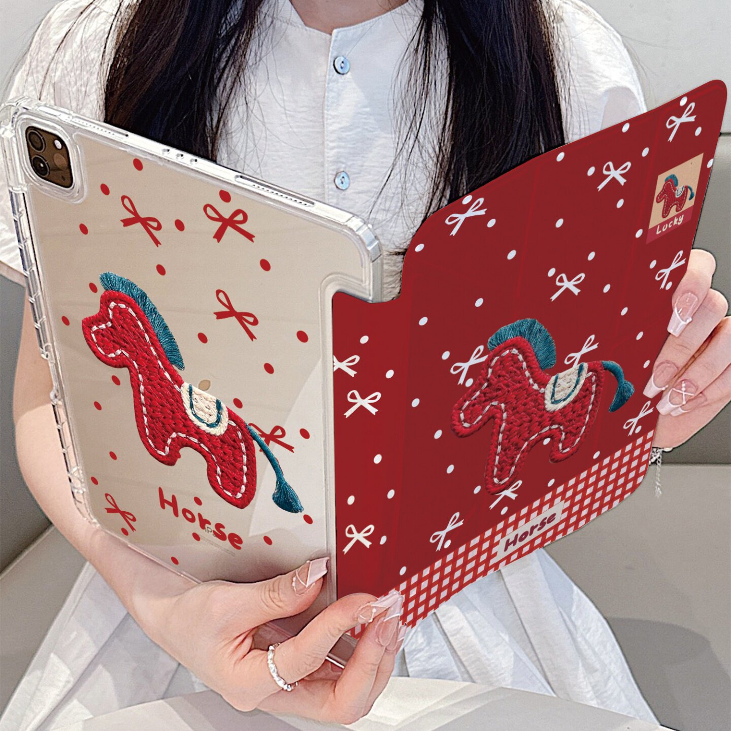 红底波点领结小马Y折平板保护壳