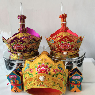 高档铁盒刺绣毗卢帽唐僧帽法师帽毗罗帽五佛冠水晶顶机绣法帽全套